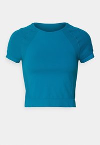 T-shirt atletico corto color teal con maniche corte, pannelli sulle spalle testurizzati e corpo liscio. Design elastico e aderente.