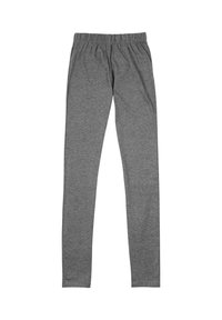 Plain gray elastic waistband leggings, full-length, fitted style, made of soft stretch fabric.