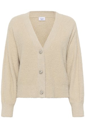 Šviesiai rudas pūkuotas kardiganas su ilgomis rankovėmis, trimis sidabriniais suktais mygtukais priekyje ir V formos iškirpte.