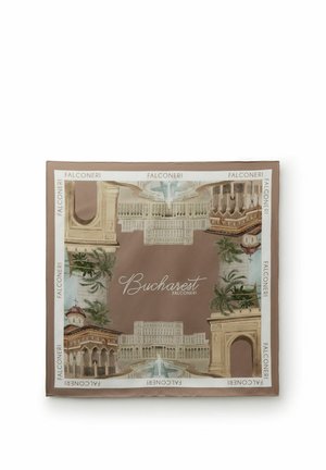 Foulard en soie représentant des monuments de Bucarest, incluant des arches, des fontaines, des palmiers, avec le texte « Bucharest Falconeri » et une bordure Falconeri sur fond beige.