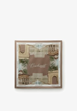 Jedwabny szalik z motywami zabytków Bukaresztu, w tym łuki, fontanny, palmy, z napisem „Bucharest Falconeri” i ramką Falconeri na beżowym tle.