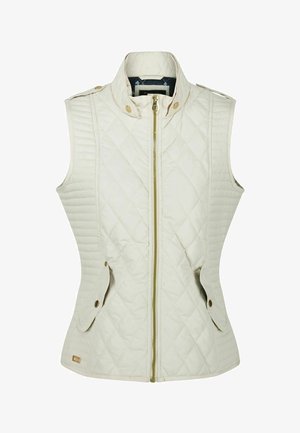 Gilet sans manches matelassé en crème, avec un col montant, une fermeture éclair à l'avant et des poches latérales avec des accents dorés. Texture lisse et design ajusté.