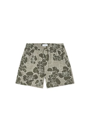 Ελιά πράσινα σορτς με λευκό λουλουδένιο σχέδιο, ελαστική μέση και κορδόνι. Διαθέτουν υφή υφάσματος με οριζόντιες ρίγες.
