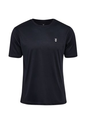 Schwarzes kurzärmeliges Sport-T-Shirt mit Rundhalsausschnitt und zwei kleinen weißen Chevron-Logos auf der Brust und unter dem Kragen.