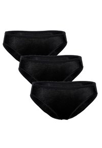 Slip bikini neri in cotone, confezione da tre. Presentano una texture liscia, una vita elastica e un design a copertura totale. Nessun motivo o accentuazione visibile.