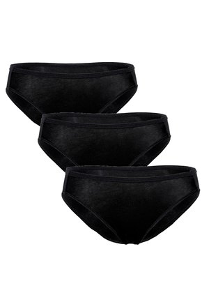 Slip bikini neri in cotone, confezione da tre. Presentano una texture liscia, una vita elastica e un design a copertura totale. Nessun motivo o accentuazione visibile.
