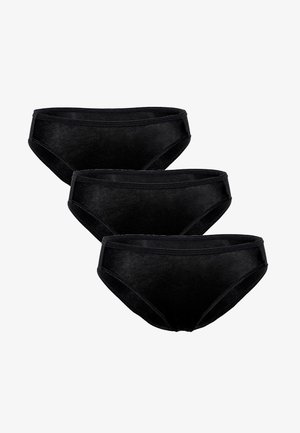 Slip bikini neri in cotone, confezione da tre. Presentano una texture liscia, una vita elastica e un design a copertura totale. Nessun motivo o accentuazione visibile.