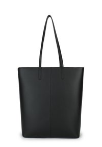 Black leather tote bag with two shoulder straps. Smooth texture, vertical seam detail in the center, minimalistic design.