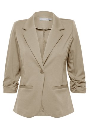 Béžový blazer s přiléhavým střihem, s výkrojenými klopami, zapínáním na jeden knoflík a ohrnutými rukávy. Dvě přední kapsy. Hladká, texturovaná tkanina.