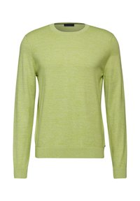 Suéter de punto verde claro con cuello redondo, mangas largas y puños de canalé. Textura suave con un sutil patrón jaspeado en todo el tejido.