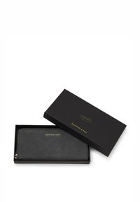 Zwarte leren portemonnee met een gladde textuur, ritsluiting en een gouden reliëflogo. Geleverd in een bijpassende zwarte geschenkdoos met gouden accenten.