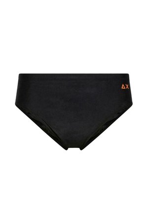 Culotte bikini nera a vita alta realizzata in materiale morbido. Presenta un design minimalista con un logo arancione discreto sul lato.