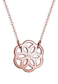 Rose gold metal halskæde med en blomstervedhæng med udskårne designs, indgraveret med "925", festet til en kædelforbindelse.