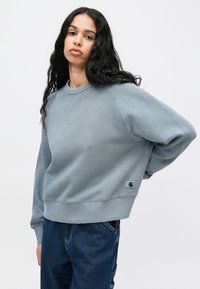 Sudadera de color azul claro con cuello redondo, mangas raglán y puños de canalé. Presenta una pequeña etiqueta de logo en la parte frontal inferior.
