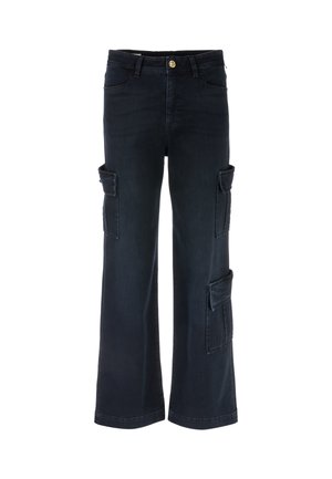 Dunkelblaue Cargo-Hosen aus Denim mit geradem Bein, Vorderaschen und zwei seitlichen Cargo-Taschen. Knopfverschluss am Bund.