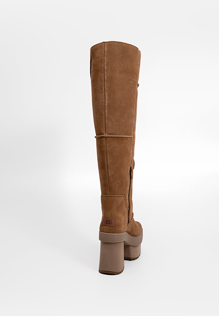 Botte plateforme en daim brun tall avec un talon épais et une fermeture éclair sur le côté, vue de l'arrière sur fond blanc.