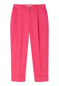 Rosa byxor med gula stjärnmönster, framknapp och dragkedjestängning, sidofickor, bälteshällor och uppvikta avslut.