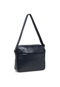Borsa a spalla in pelle blu navy con una texture liscia, singolo manico regolabile, tasca con zip frontale e dettaglio del logo sulla parte anteriore.