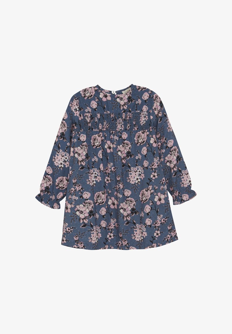 Blumenkleid aus dunkelblauem Stoff mit rosa und weißen Blumen, mit Rüschen am Ausschnitt und langen Ärmeln mit elastischen Bündchen.