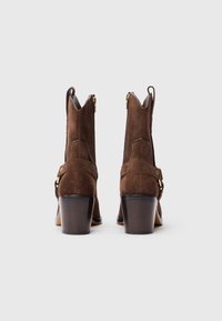 Botas de ante marrón hasta el tobillo con tacón apilado, punta afilada y detalle decorativo de cremallera. Presenta una correa con acentos de hardware dorado.