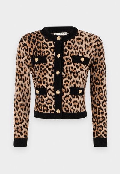 Leopard print cardigan with black cuffs and collar, featuring gold buttons and two chest pockets. Made from a textured, soft material.