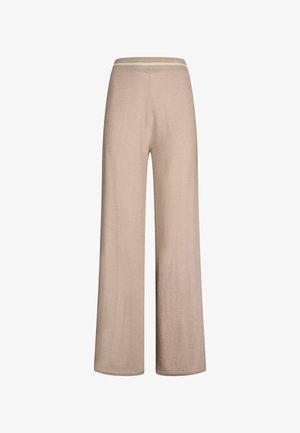 Pantaloni beige a gamba larga con una texture morbida, dotati di una vita elasticizzata aderente e una finitura liscia e lucida. Senza schemi o accenti visibili.