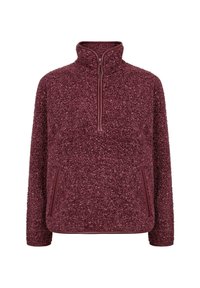 Kleurige plumerood sherpa fleece pullover met een kwart-rits, hoge kraag, lange mouwen en twee voorzakken met rits.