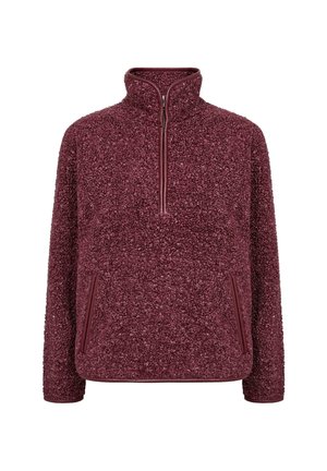 Kleurige plumerood sherpa fleece pullover met een kwart-rits, hoge kraag, lange mouwen en twee voorzakken met rits.