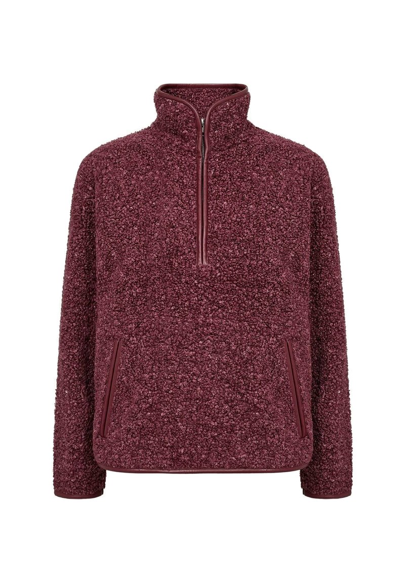 Kleurige plumerood sherpa fleece pullover met een kwart-rits, hoge kraag, lange mouwen en twee voorzakken met rits.