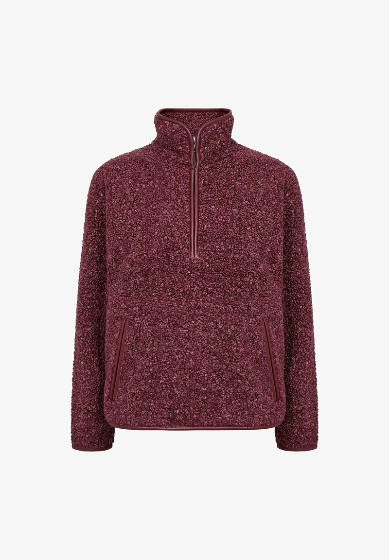 Kleurige plumerood sherpa fleece pullover met een kwart-rits, hoge kraag, lange mouwen en twee voorzakken met rits.