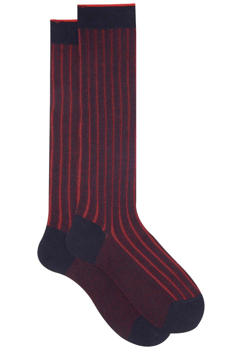 Calze fino al ginocchio di colore blu navy con sottili righe verticali rosse. Presentano un polsino a coste di un blu scuro a contrasto e una punta rinforzata. Texture liscia.