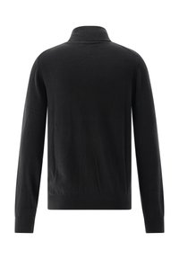 Schwarzer Langarmpullover mit hohem Rippkragen und Rippbündchen, von hinten auf einem weißen Hintergrund gezeigt.