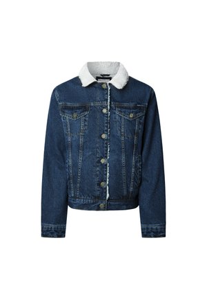 Denim jacket in een donkere blauwtint, met een witte nepbont kraag, knoopsluiting, twee voorzakken en een cropped ontwerp met een franjezoom.