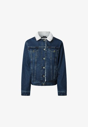 Giubbotto in denim di colore blu scuro, colletto in pelliccia sintetica bianca, chiusura con bottoni, due tasche frontali e design cropped con orlo sfrangiato.