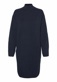 Mörkblå stickad klänning med hög krage, långa ärmar och avslappnad passform, med rak fåll och sidoklyftor för ökad rörelsefrihet.