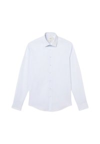Camisa de manga larga azul claro hecha de un tejido texturizado, con cierre de botones en la parte delantera, cuello clásico y un sutil patrón geométrico.