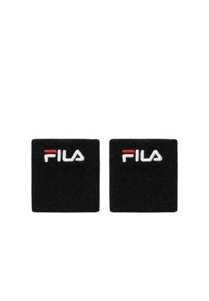 Coppia di polsini neri quadrati con logo FILA bianco e rosso ricamato nella parte superiore centrale di ogni fascia.