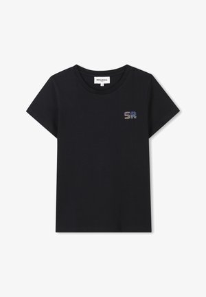 Zwarte katoenen T-shirt met korte mouwen, ronde hals, met een klein, meerkleurig logo van rhinestones op de linkerkant van de borst.