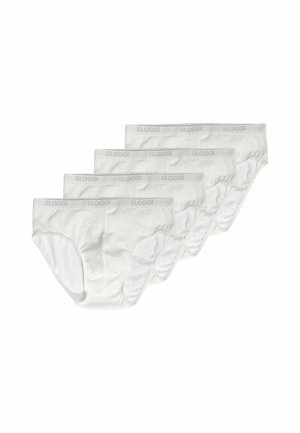 Quattro slip bianchi in cotone con fascia elastica con marchio "Sloggi" disposti a ventaglio su sfondo bianco.