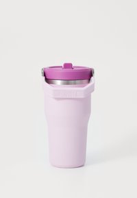 Pink insulated travel mug with a metallic silver band near the lid, designed with a sturdy handle and a secure flip-top closure.