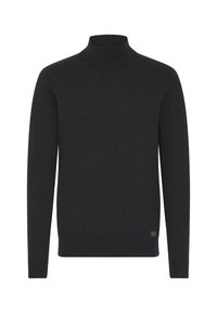Pulover negru cu guler înalt, confecționat dintr-un material moale, având mâneci lungi, un design ajustat și un guler și o margine cu uhlan.