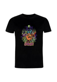 Zwarte katoenen t-shirt met een kleurrijke "Scooby-Doo!" grafiek met personages en spookachtige elementen, met opvallende kleuren en een speelse ontwerp.