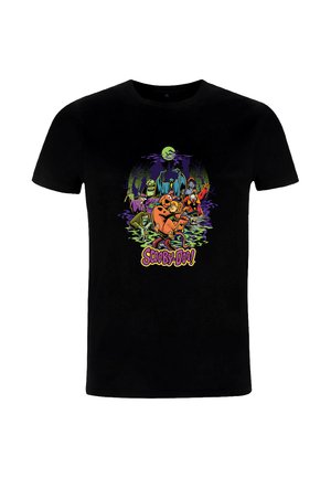 Black cotton t-shirt featuring a colorful "Scooby-Doo!" graphic with characters and spooky elements, highlighting vibrant colors and playful design.