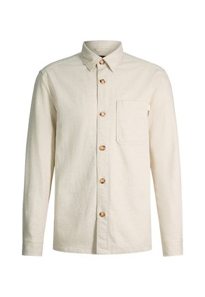Long-sleeve beige button-up shirt with a chest pocket and wooden buttons, featuring a classic collar and a straight hem.