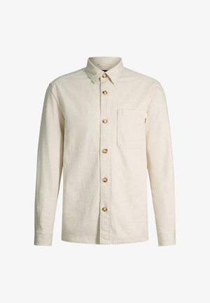 Long-sleeve beige button-up shirt with a chest pocket and wooden buttons, featuring a classic collar and a straight hem.