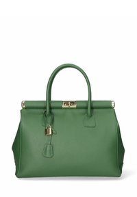 Grön läderhandväska med en strukturerad form, dubbel övre handtag, guldfärgad hårdvara och en hänglåsdetalj på framsidan.