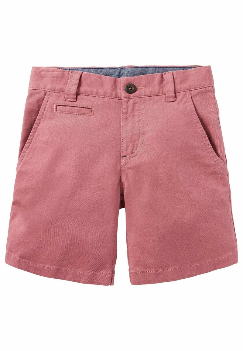 Shorts roses en coton avec une texture douce. Comprend des poches avant, une poche arrière unique et une taille avec passants pour ceinture.