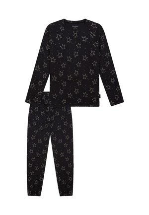 Schwarzes Schlafanzug-Set mit langärmeligem Oberteil und Hose, verziert mit silbernen Sternen- und Punktmustern. Weicher Stoff, elastischer Bund an der Hose.