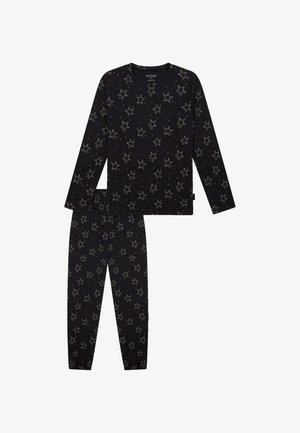 Svart pyjamasset med långärmad topp och byxor med silverstjärnor och prickmönster. Mjuk tyg, elastisk midja på byxorna.