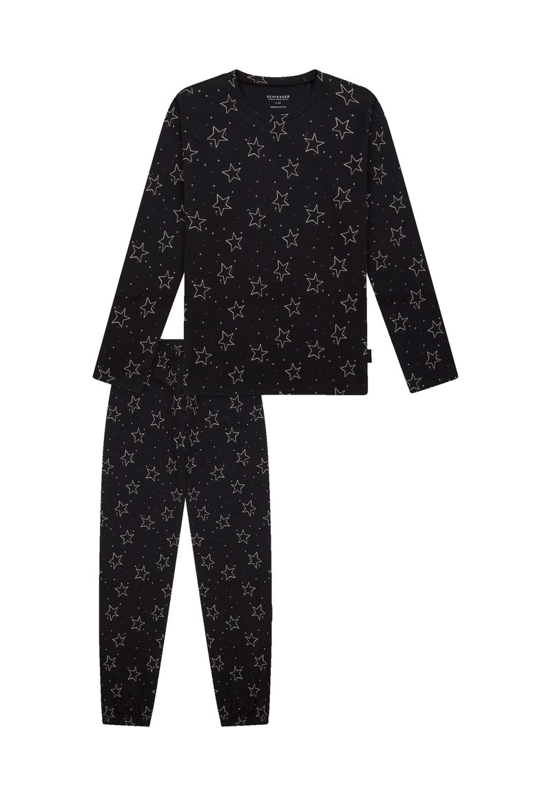 Schwarzes Schlafanzug-Set mit langärmeligem Oberteil und Hose, verziert mit silbernen Sternen- und Punktmustern. Weicher Stoff, elastischer Bund an der Hose.
